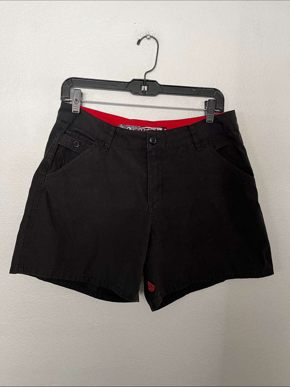 Women’s Volcom Black Flat-Front Shorts with Red Waistband Accents (32Wx14.5L)